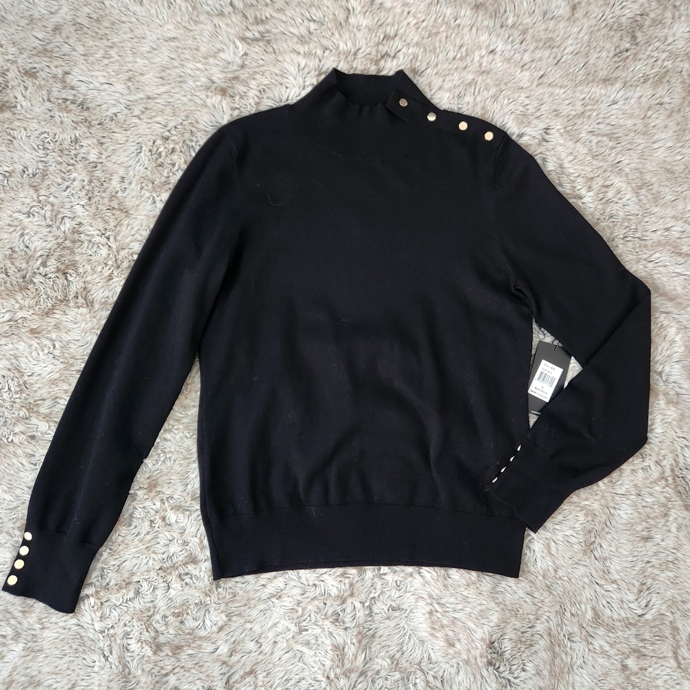 Cyrus NYC Mock Neck Long Sleeve Black Sweater Gold Decorative‎ Buttons Medium